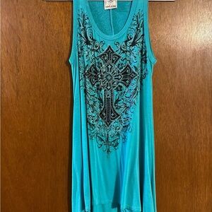 Sleeveless Teal Top with Black Cross Design